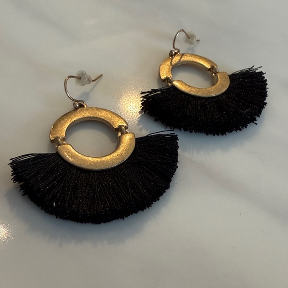Gold and Black Fringe Hoop Earrings - Picture 2 of 4